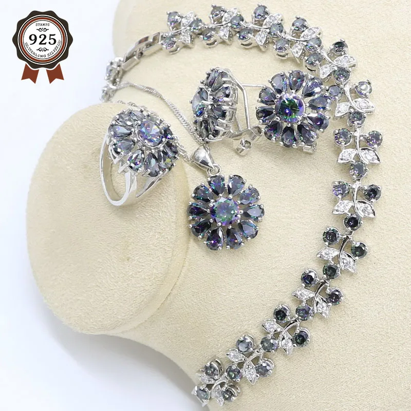 Серебряный цвет с радужным цирконием Дубайский браслет серьги ожерелье подвеска