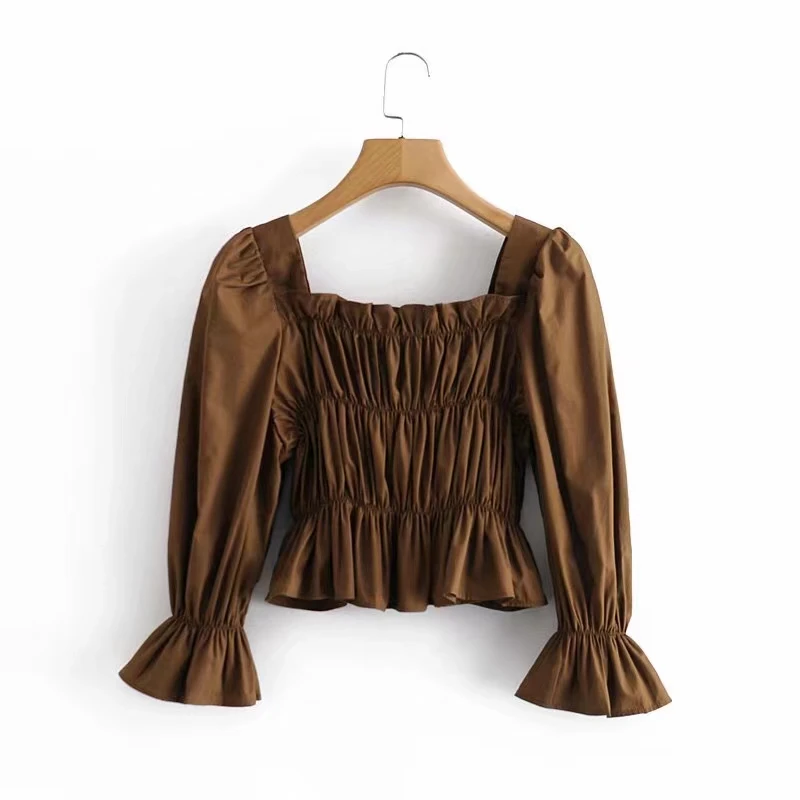 

Hstar Spring Autumn Women's Pullover Shirt 2021 Fashion All-match Short Top Street Style Trumpet Sleeve Solid Color Long Sleeve