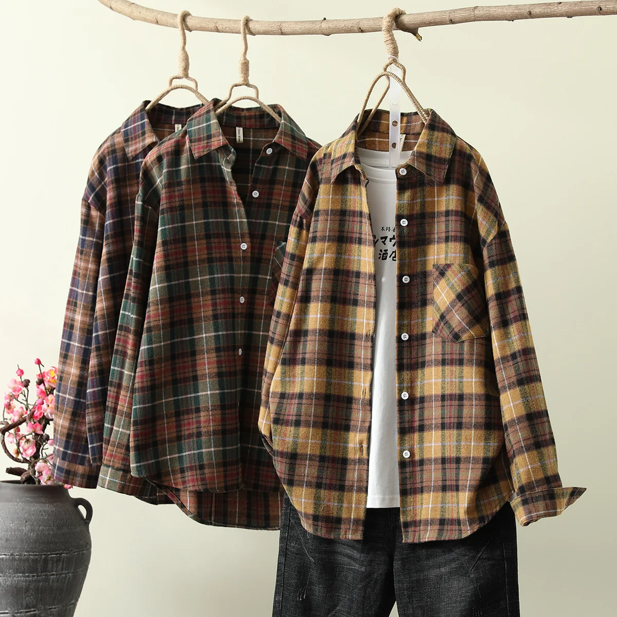 Клетчатые рубашки с отворотами в Корейском стиле свободная блузка Женская