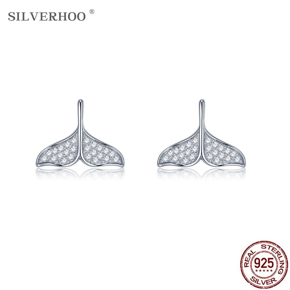 

SILVERHOO Women Earrings Real 925 Sterling Silver Shiny Cubic Zirconia Fish Tail Cute Earrings Fine Handmade Jewelry Ear Studs