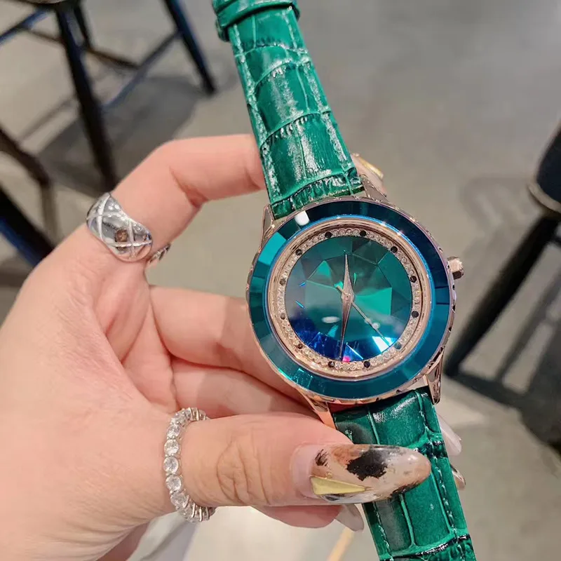 

Vogue Full Green Crystals Watches for Women Fashion Dress Watch Multi Faceted Crystal Wrist watch Waterproof Real Leather Clock