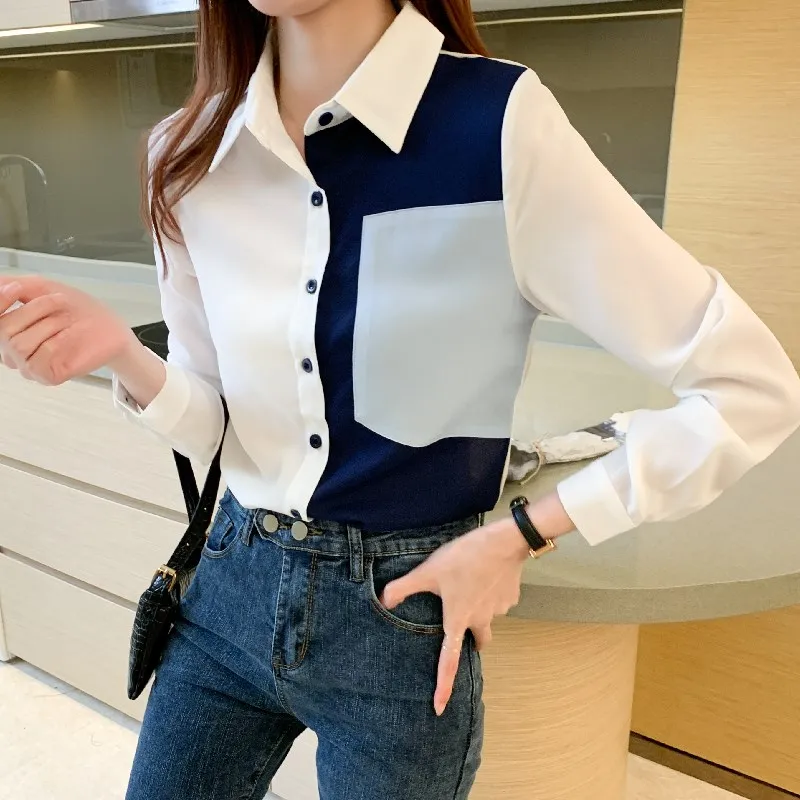 

Office ladies shirt long-sleeved 2020 autumn new style Korean temperament professional wear color-blocking chiffon shirt