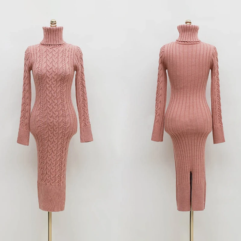 

New Knitted Long Sweater Solid Slim Sweater Women Long-sleeved Autumn Winter Sweater Fashion Slim Lady All-match Sweater-Dress