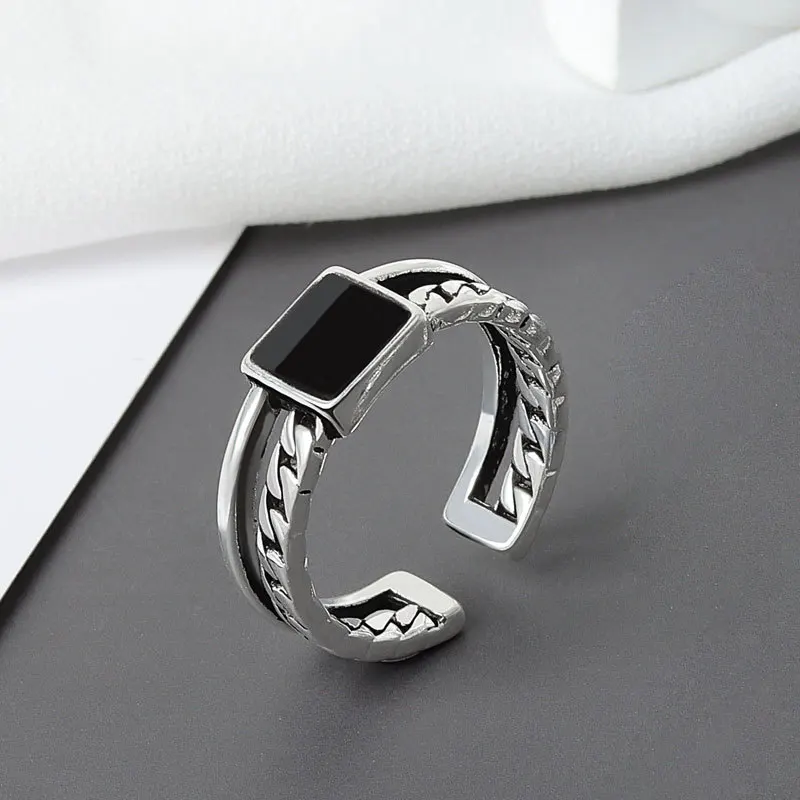 

Fashion Black Resin Square Cross Thai Silver Ladies Open Ring Original Jewelry For Women Engagement Gift No Fade