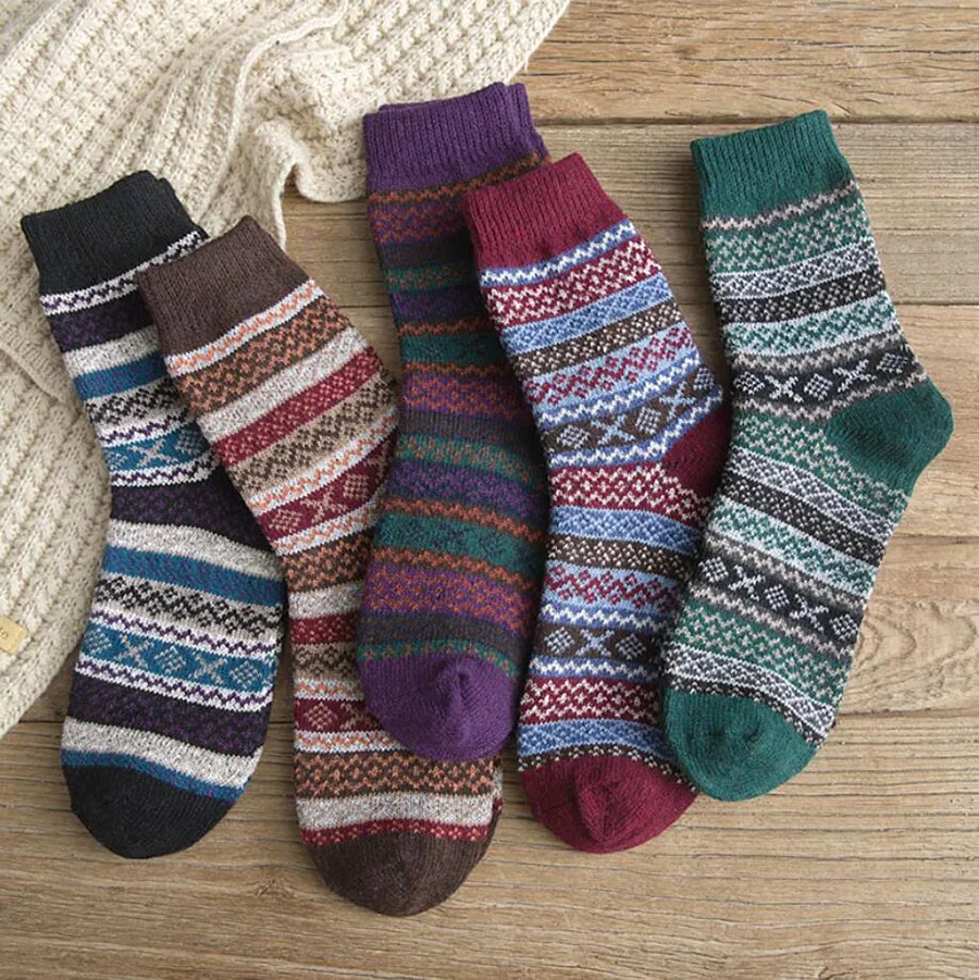 New Autumn Winter Women Wool Socks Thickened Warm Cashmere Cotton Sock Retro Colorful Ladies Towel Dress Socks 5pair
