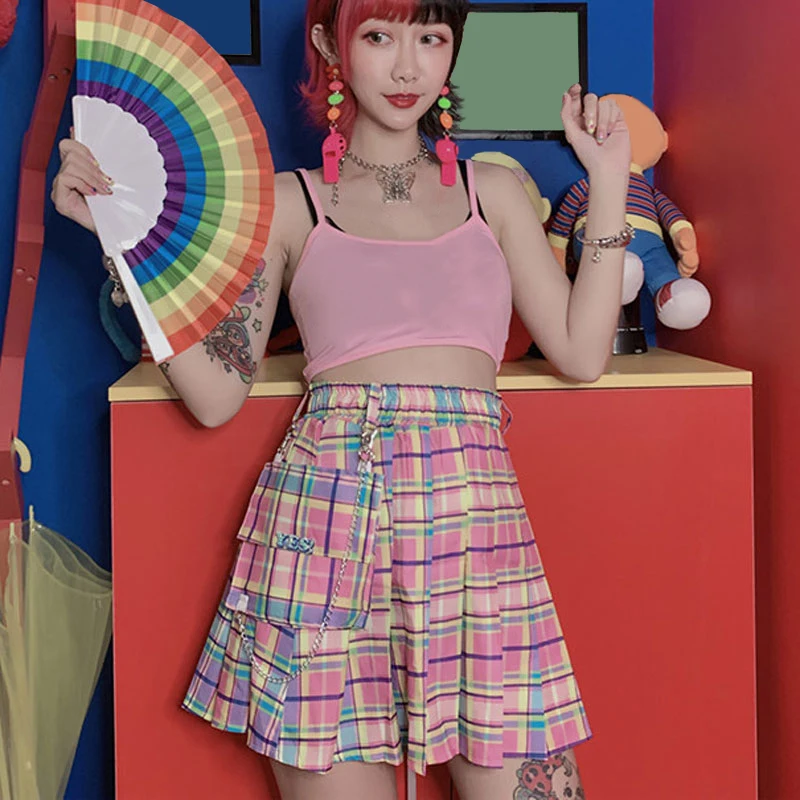 Женская юбка в клетку каваи с карманами плиссированная высокой талией и цепным