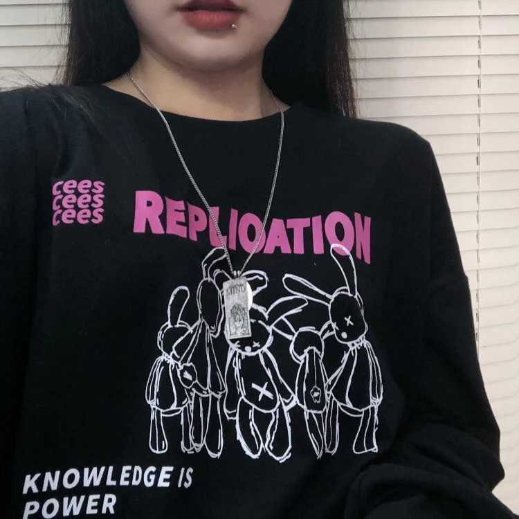 Готическая футболка с кроликом dark kawaii женские футболки 100% хлопок Ulzzang мультяшный
