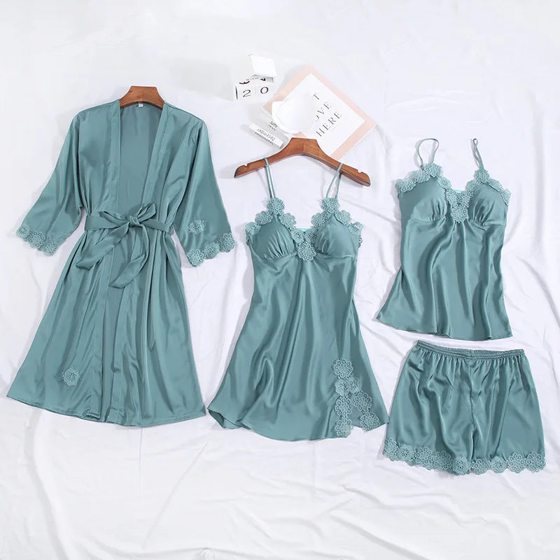 Атласный Женский Пижамный костюм одежда для дома с отделкой летняя Домашняя