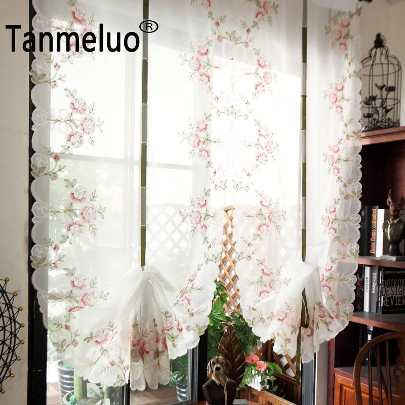 Короткая занавеска на окна кухни цветочные прозрачные тканевые шторы в римском