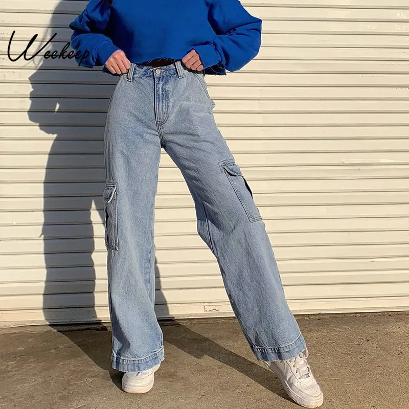 

Weekeep Pockets Patchwork High Waist Jeans Women Streetwear Straight Jean Femme Blue 100% Cotton Cargo Pants