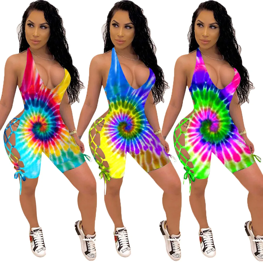

Jumpsuit sexy sling hanging neck tie-dye hollow printing jumpsuit CM748