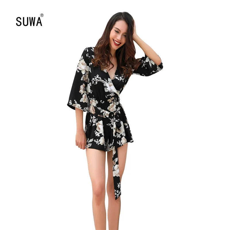 

Casual Sexy Women Floral Print High Waist Short Jumpsuit Wholesale Summer Fashion Femme V Neck Three Quarter Sleeve Playsuit