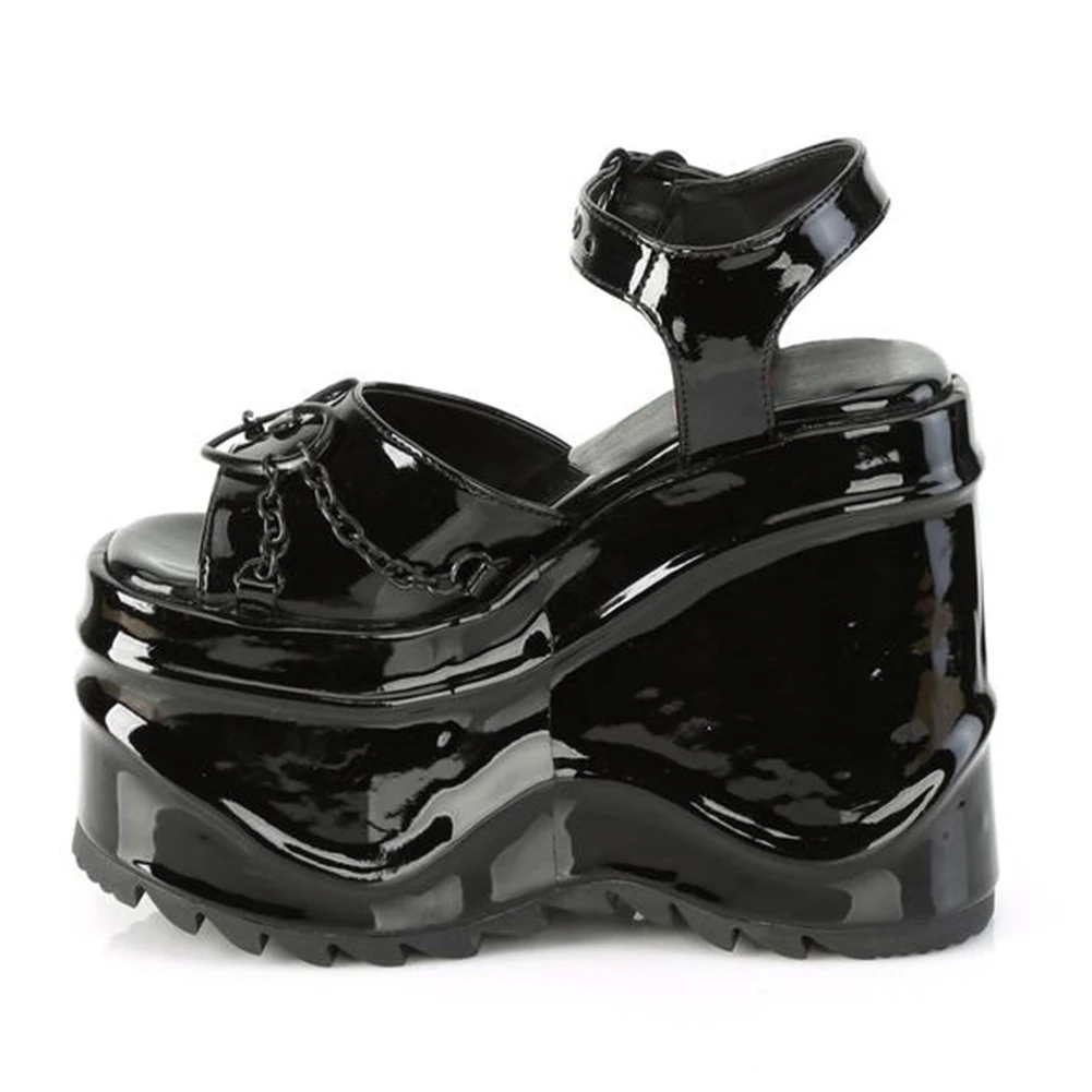 

Brand Design 2021 Big Size 43 Chunky High Heel Black Gothic Cool Chains Punk Summer Platform Sandals Women Wedges Shoes