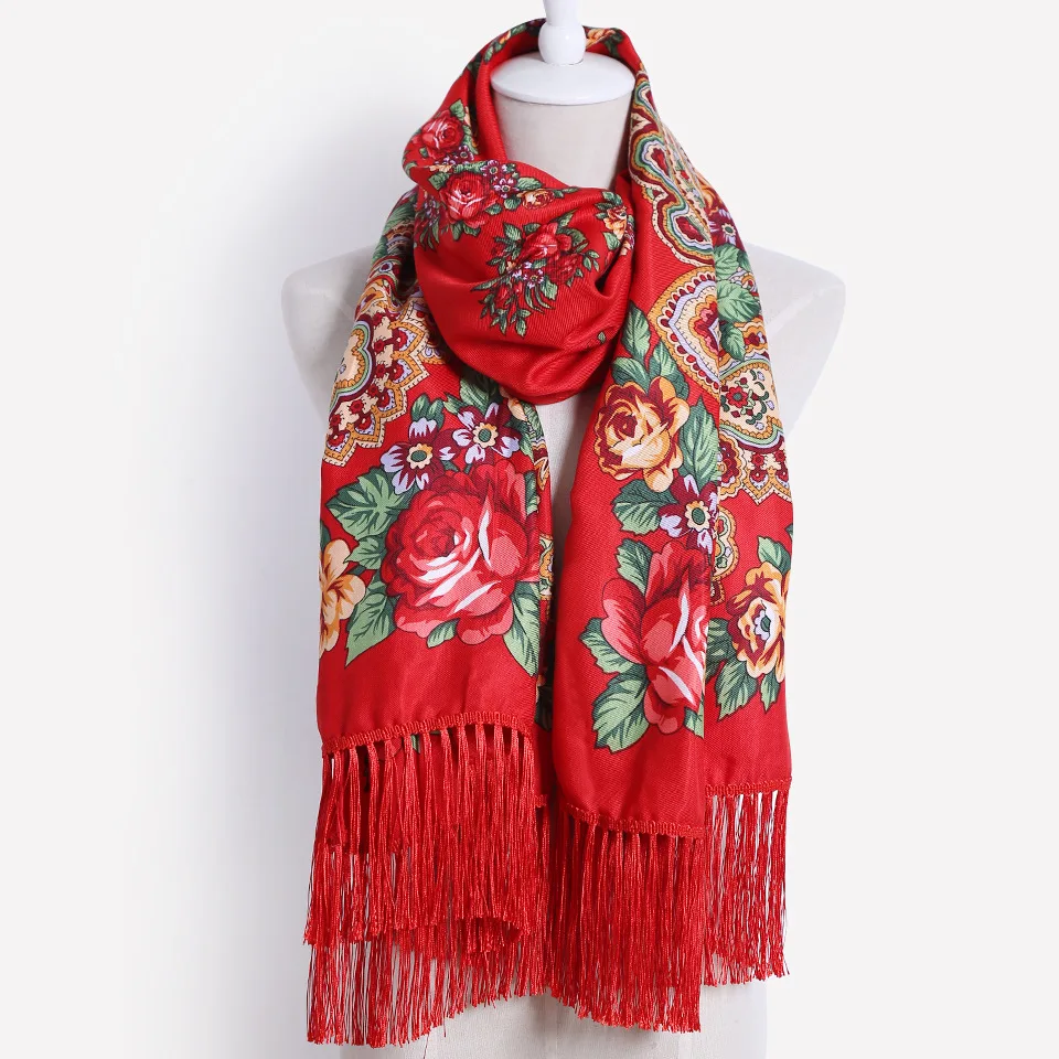 

Ethnic Style Women Floral Print Russian Scarf Ladies Long National Scarf Hijab Head Wrap Winter Pashmina Shawl Fringed Scarves