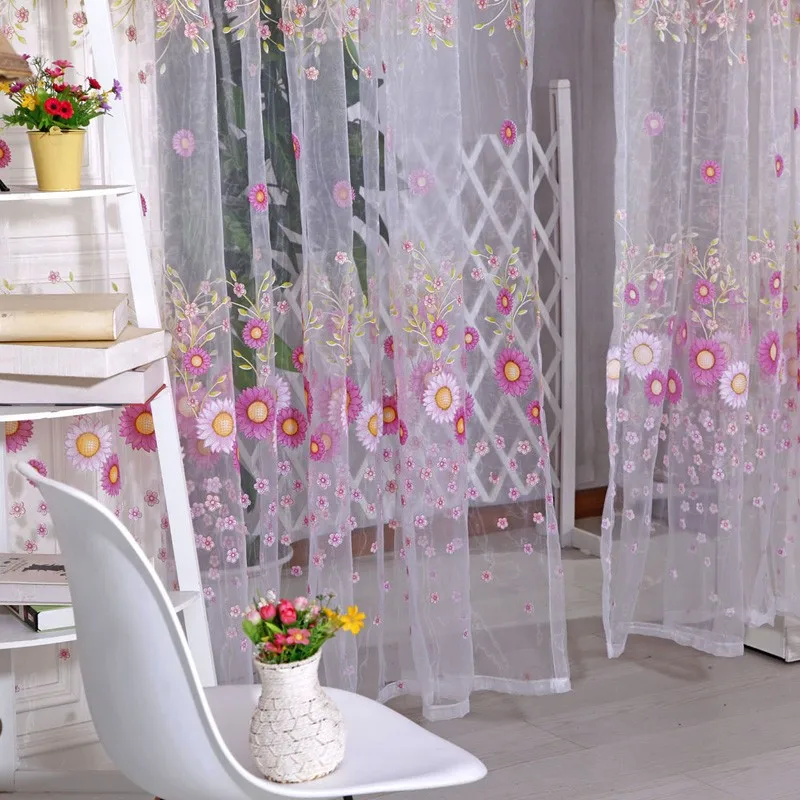 

New Sunflower Pattern Curtain Transparent Voile Kitchen Balcony Room Floral Window Curtain Elegant Patio Decoration Home Decor