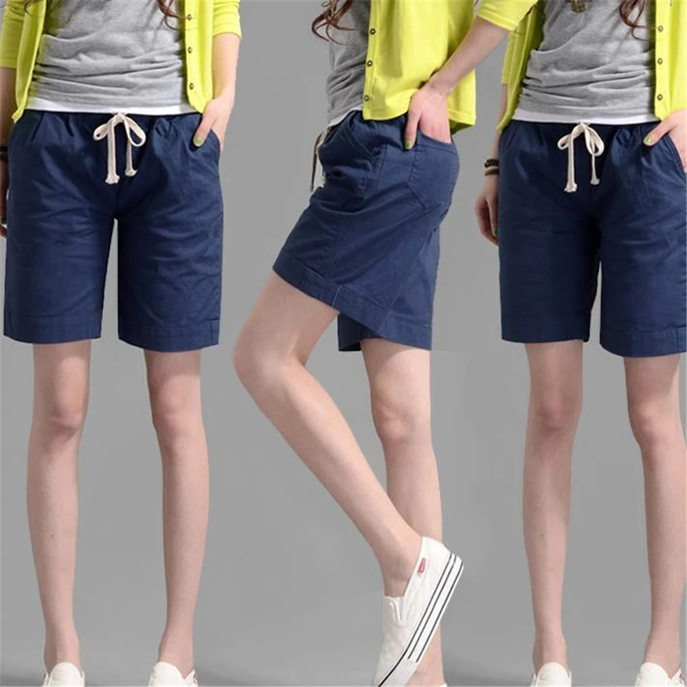 

Woman Spring Plus Size Mid Elastic Waist Solid Knee Length Straight Flax Pants Female Summer Oversized Thin Loose Cotton Capris