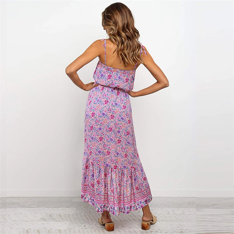 

Summer Fashion Red Women's Slip Dress Irregular Fold Bohemian Long Dress With Belt High Waist Ruffle Beach Party Floral Robe New