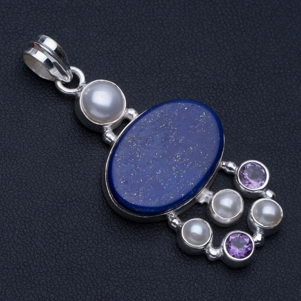 Натуральный Лазурит речной жемчуг и Аметист панк стиль 925 пробы серебряный кулон