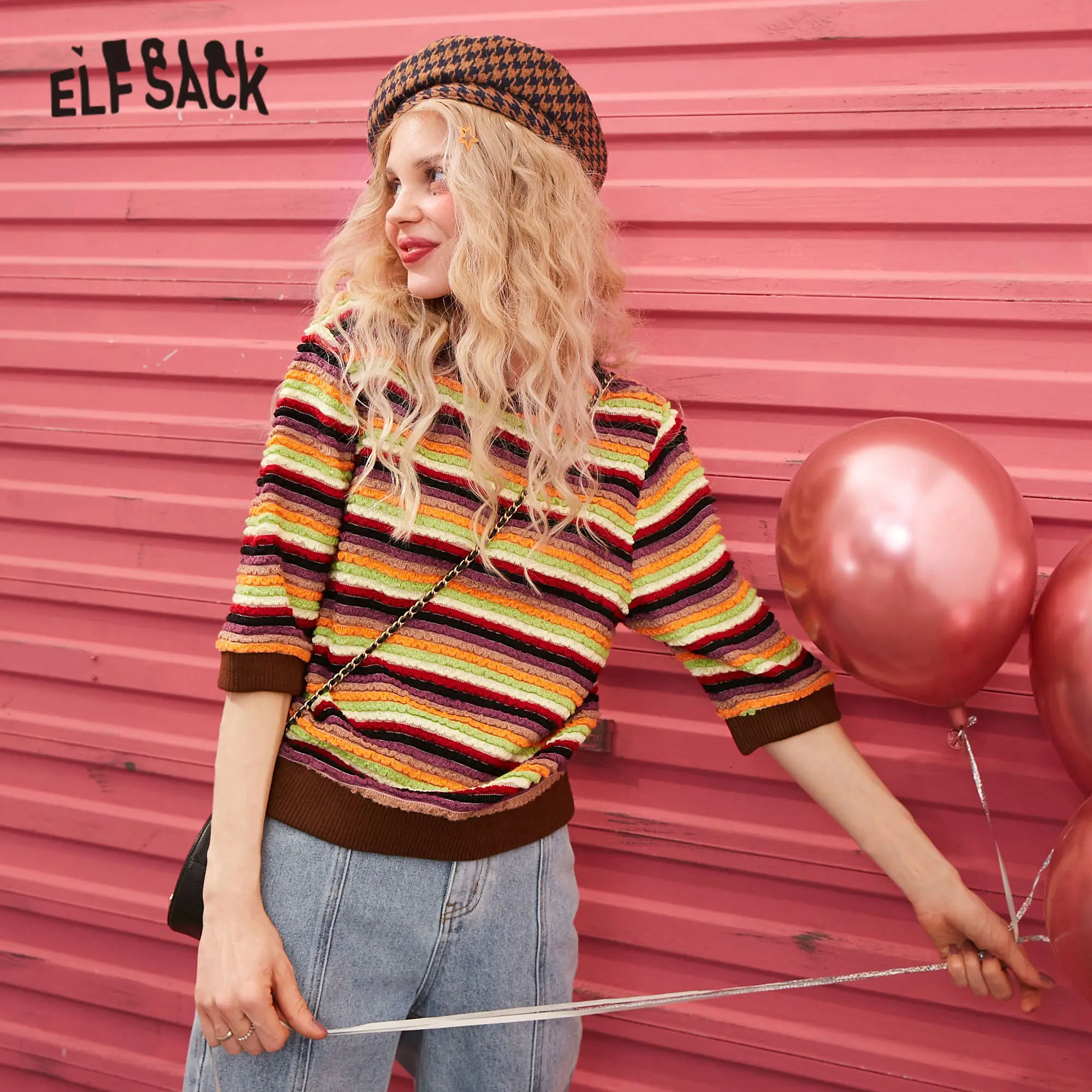 ELFSACK Rainbow Striped Korean Knit Pullover Sweater Women Clothes 2020 Spring Vintage Colorblock Female Slim Office Ladies Tops | Женская