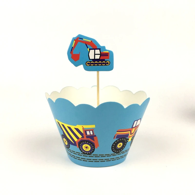 

24PCS Construction Vehicle Toy Excavator Forklift Rescue Car Cupcake Wrappers Toppers Baby Shower Party Decorative Supplies
