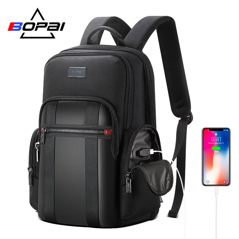 Мужской деловой рюкзак с защитой от кражи BOPAI черный USB разъемом для ноутбука 15 6