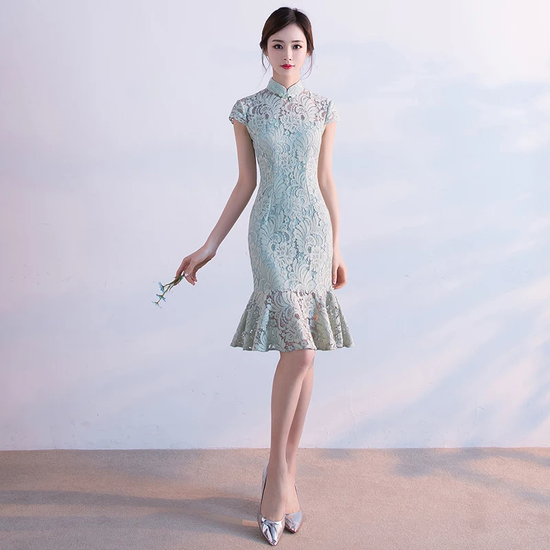 

Chinese Style Women Black Lace Flower cheongsam modern Cheongsam Qipao Vintage Improved Slim Banquet Dance Dresses