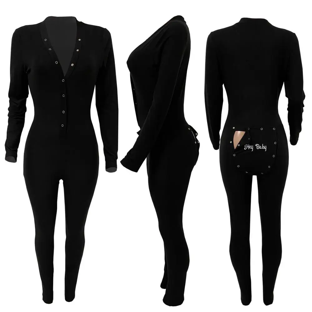 

butt flap onesie jumpsuit women letter embroidery jumpsuit Autumn winter streetwear bodycon long sleeve black bodysuit outfits