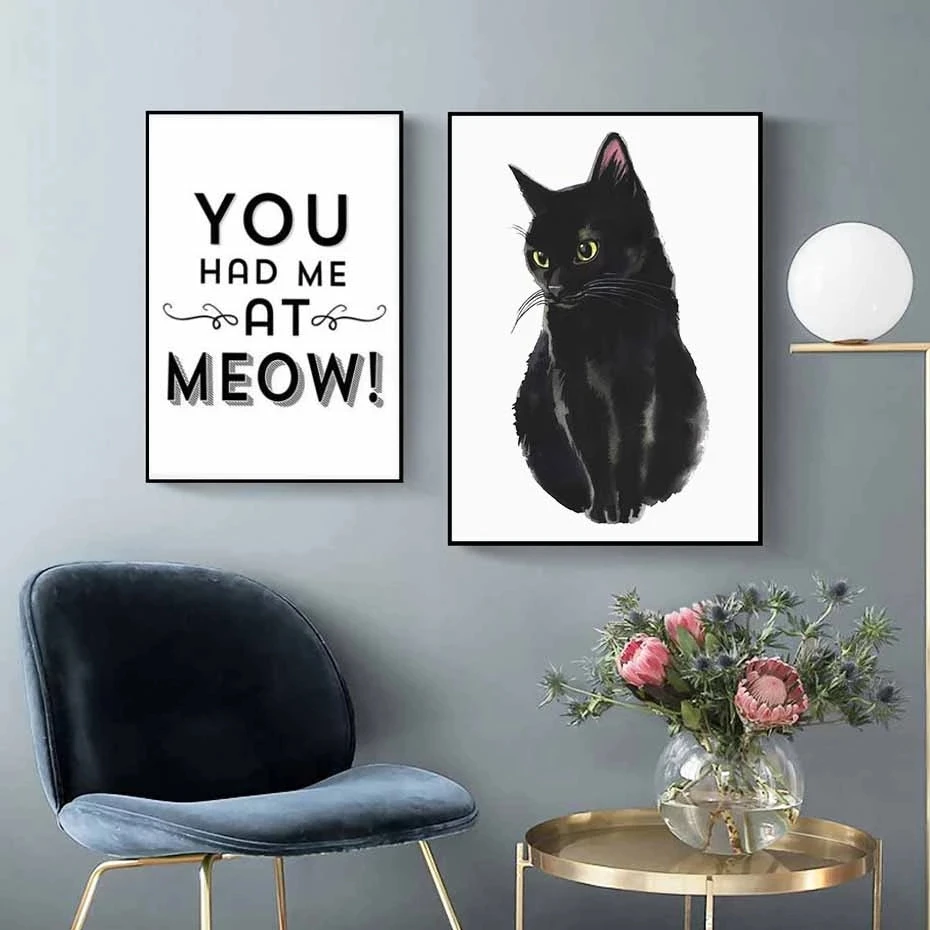 

Modular Prints Nordic Style Black Pet Cat Letter Pictures Home Decor Paintings Living Room Simple Style Canvas Poster Wall Art