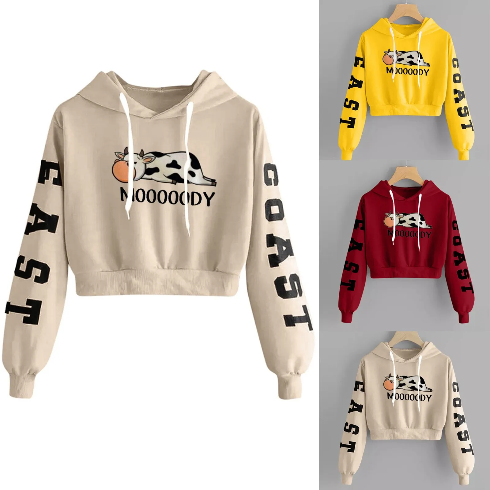59# Kawaii Animal Print Crop Hoodies Women's Harajuku Letter Print Sweatshirt Long Sleeve Hooded Round Neck Casual Tops Shirts