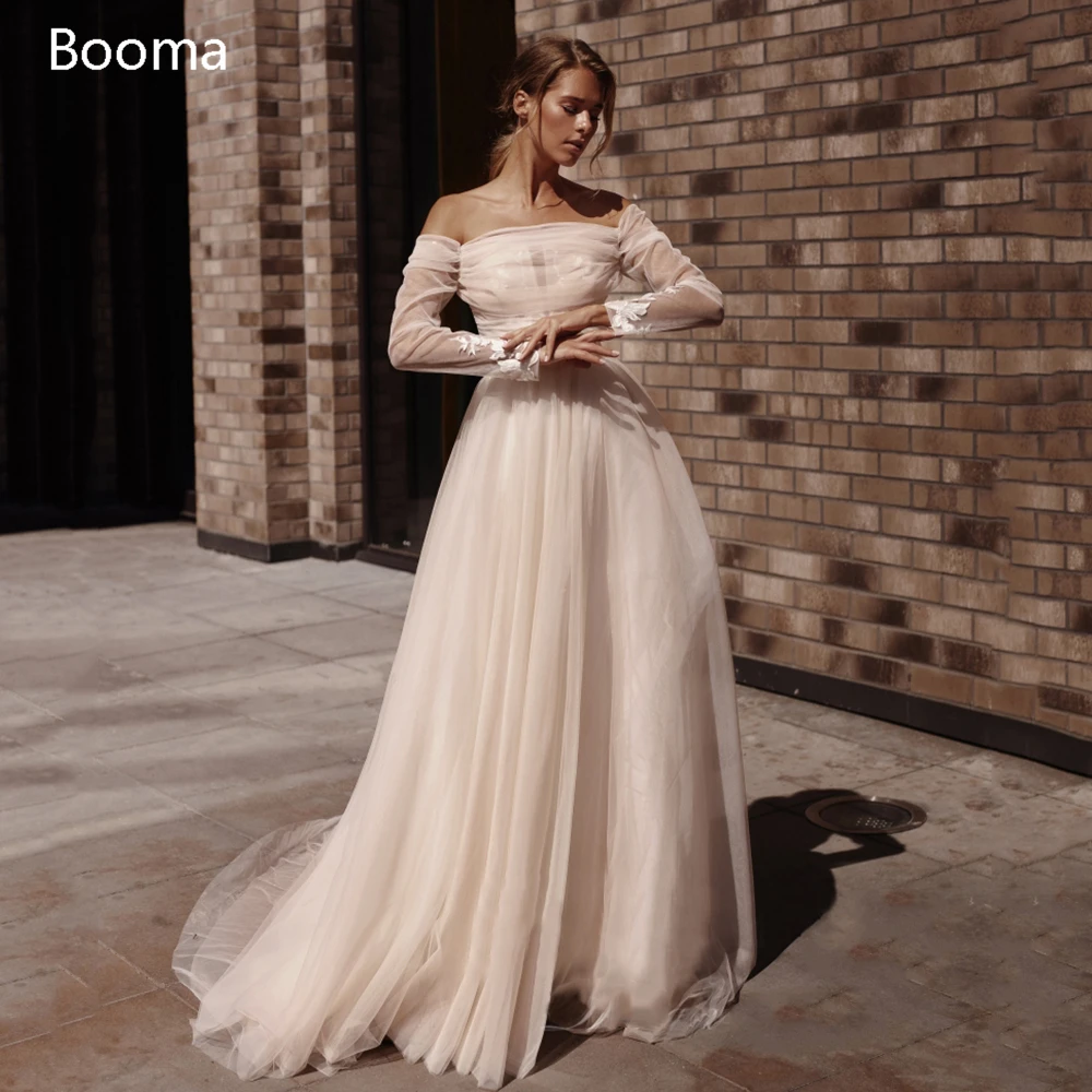 

Fairy Champagne Beach Wedding Dresses Detachable Long Sleeves Ruched Appliques Bride Dresses Strapless A-Line Long Bridal Gowns