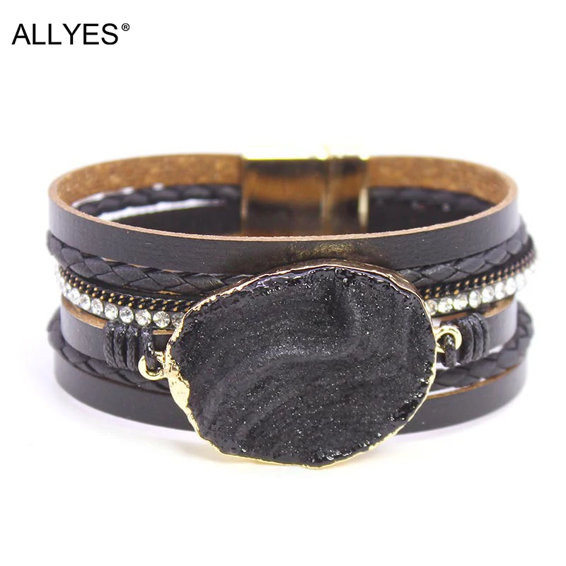 

ALLYES Grey Resin Charm Leather Bracelets for Women Fashion Magnetic Clasp Rhinestone Multilayer Wrap Bracelet Bangle Jewelry