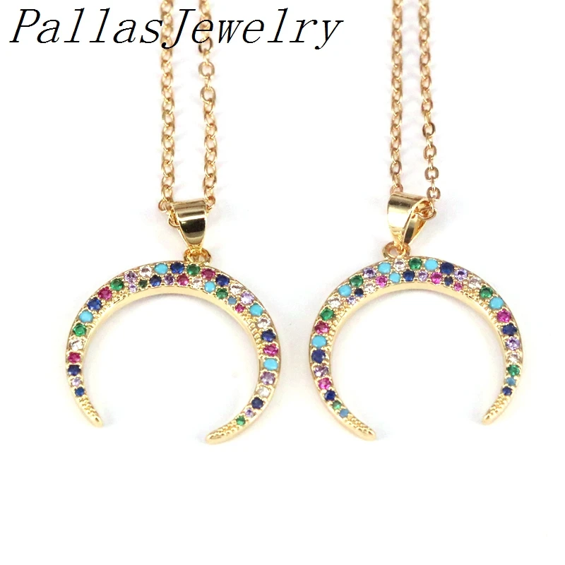 

10Pcs,Gold Crescent Moon Necklace For Women With Colorful Crystal Horn Necklaces Pendants CZ Cubic Zirconia Fashion Jewelry Gift