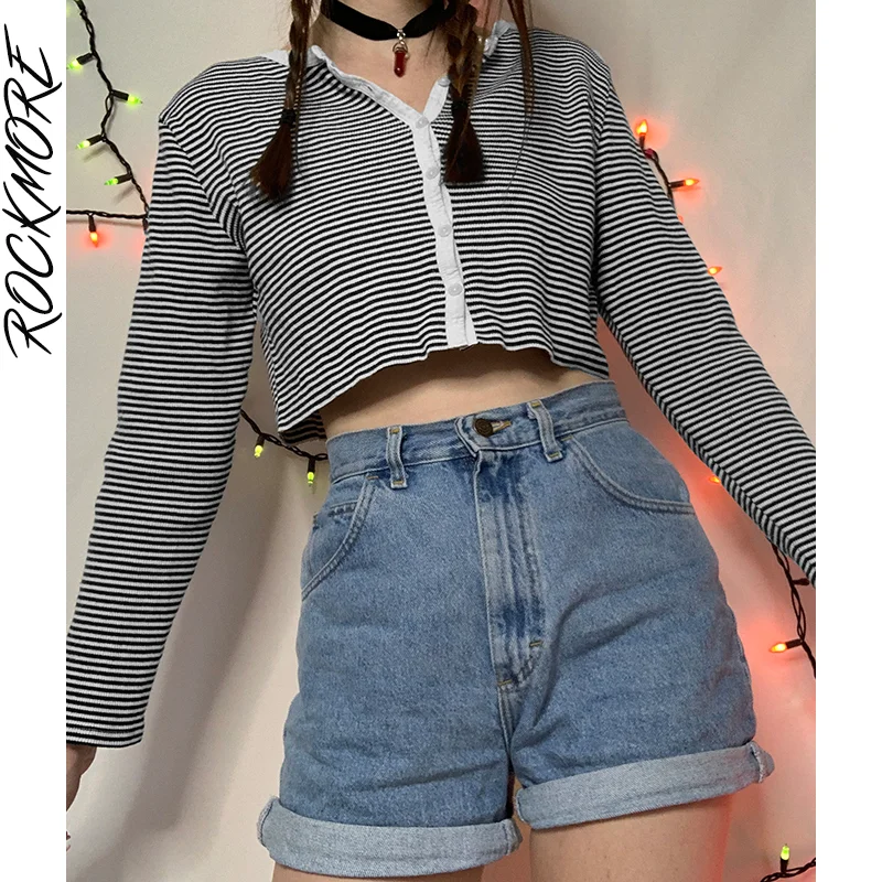 

Rockmore Striped Print Crop Top Autumn Button Up Shirts Preppy Style Y2K Chic Casual T Shirts Harajuku Crewneck Basic Cardigan