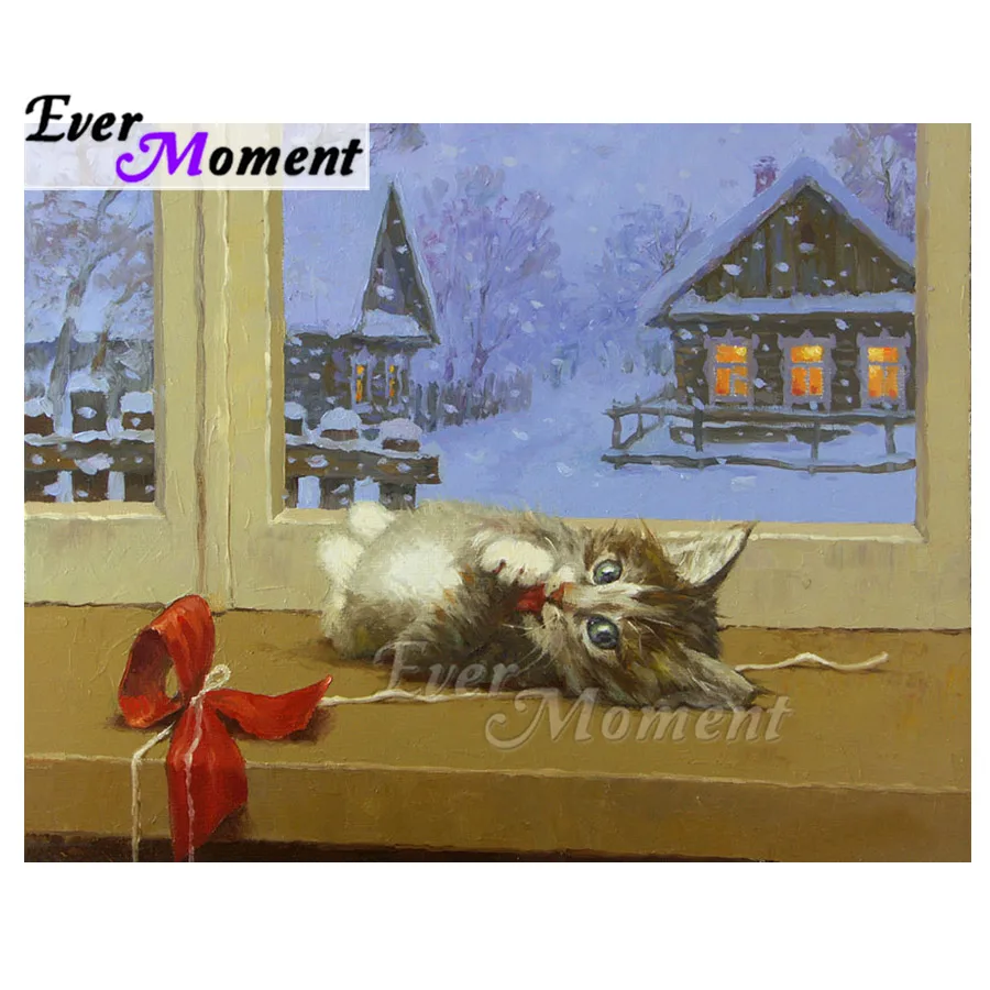 

Ever Moment Diamond Painting Cat Windowsill Snow 5D DIY Picture Rhinestone Mosaic Full Square Drill Diamond Embroidery ASF1845