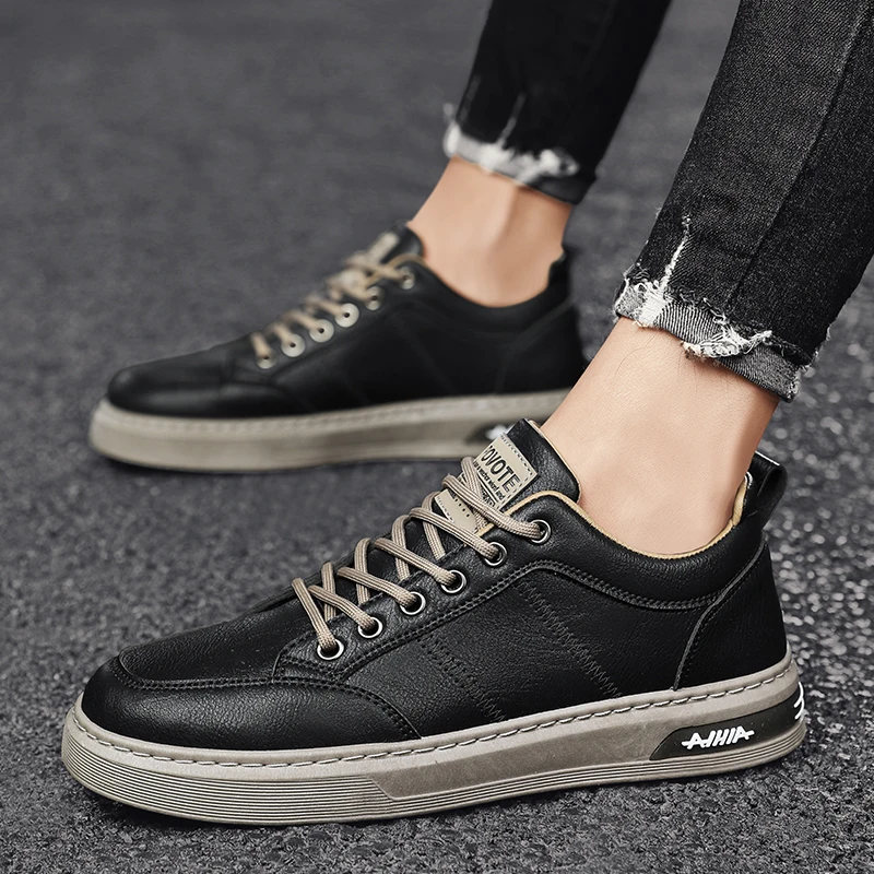 

Кроссовки мужские на шнуровке, мягкая кожа, повседневная нескользящая обувь, высокие, черные, белые, весна-лето