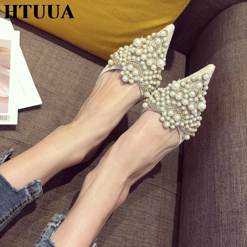 HTUUA/Роскошные шлепанцы; женские дизайнерские шлепанцы; женские брендовые туфли без задника; женские модельные туфли с острым носком на каблуке; шлепанцы с жемчугом; SX2439