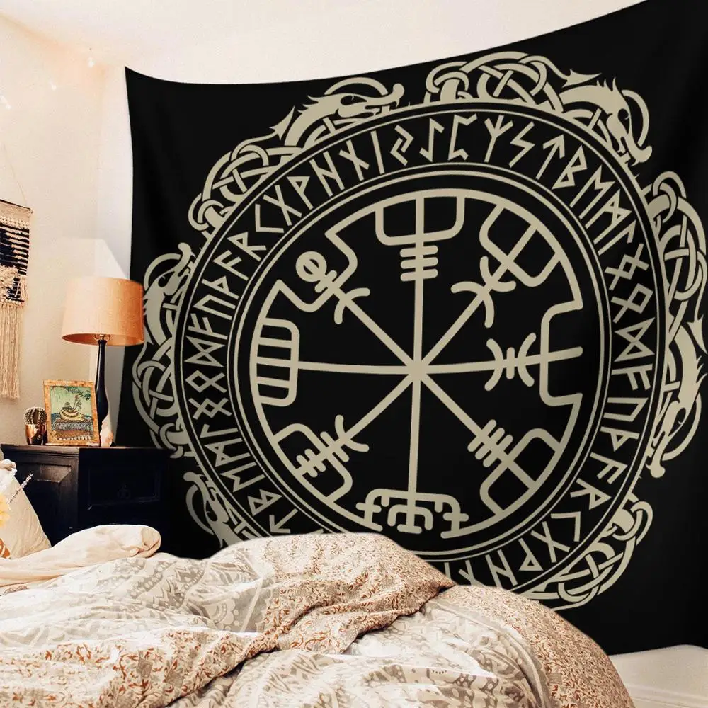Гобелен Мандала домашний декор черный викинговый магический Рунический компас
