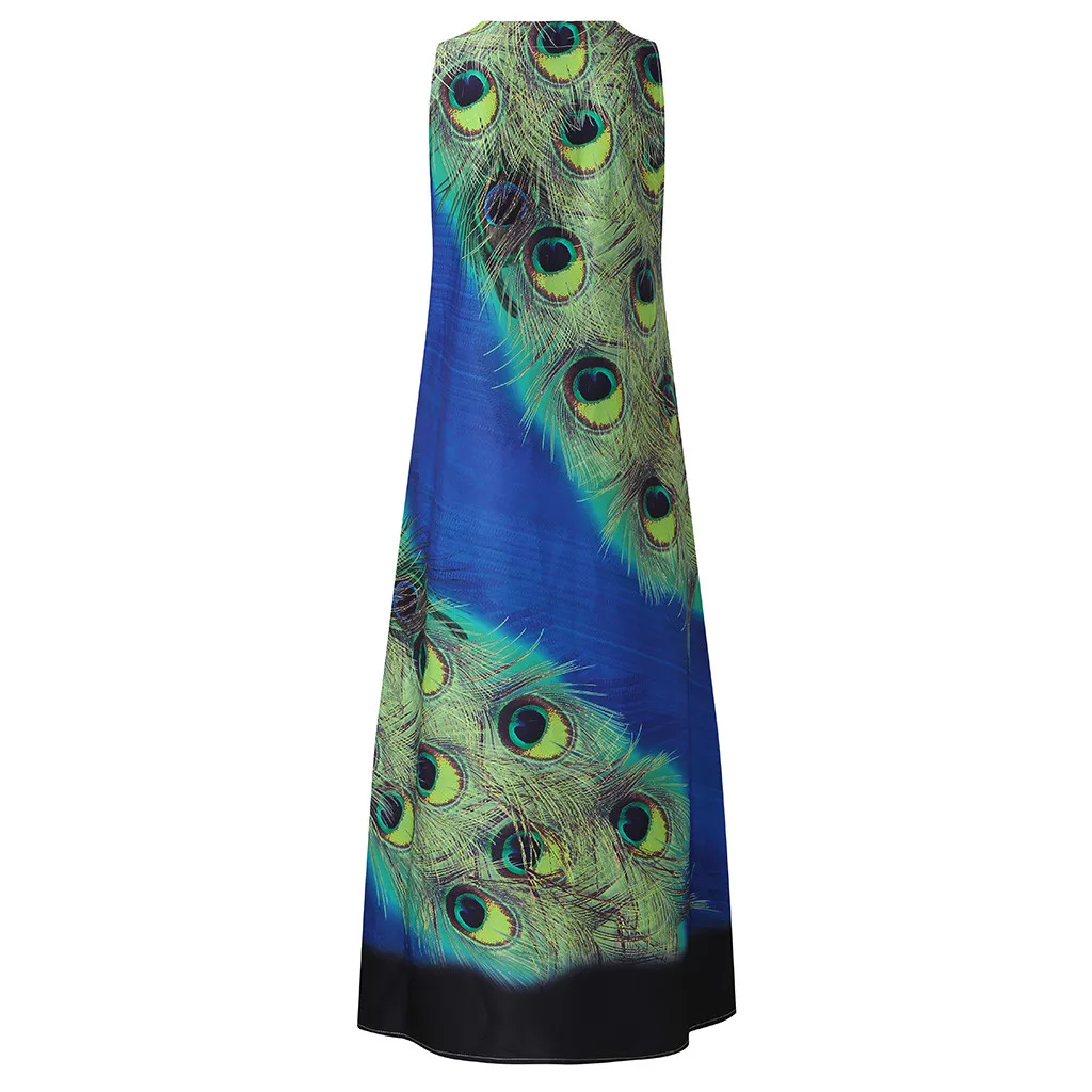 Sleeveless Dress Vetements Femme Peacock Feather Stylish Long Maxi Boho Women Summer Beach Plus Size | Женская одежда