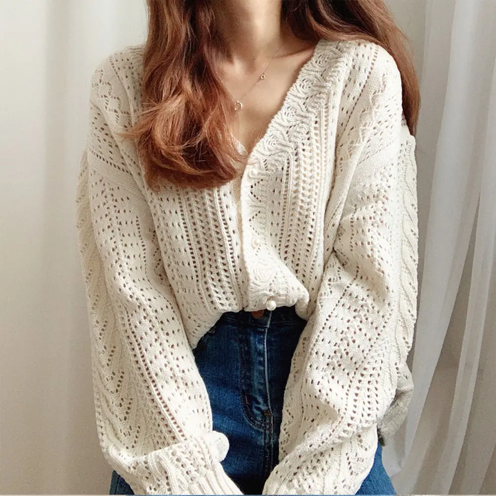 

Cardigan Women Hollow Out Design Elegant V-neck Popular Korean Ladies 2022 Single Breasted Autumn Trendy Womens Sweater