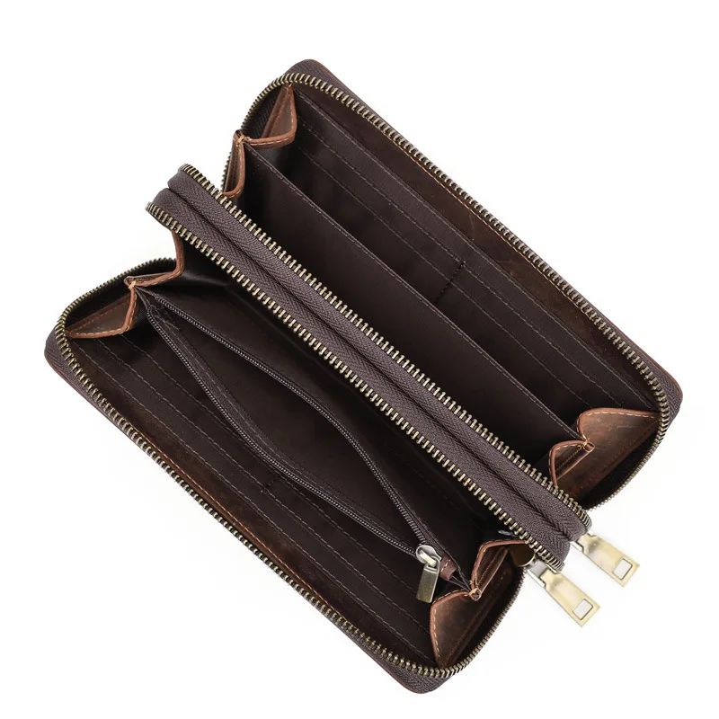 HOT Genuine Crazy Horse Cowhide Leather Men Wallet Long Wallet With Coin  Bag Cluth Vintage Wallets Brand High Quality Designer