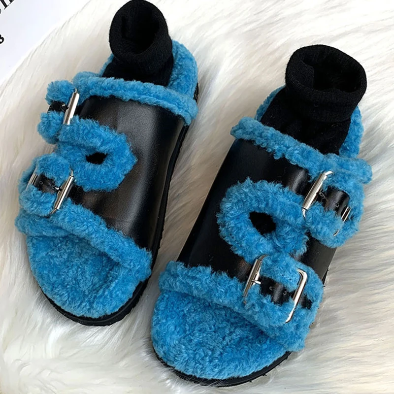 

Женские меховые шлепанцы, Повседневная зимняя обувь, на платформе, сланцы, домашние тапочки