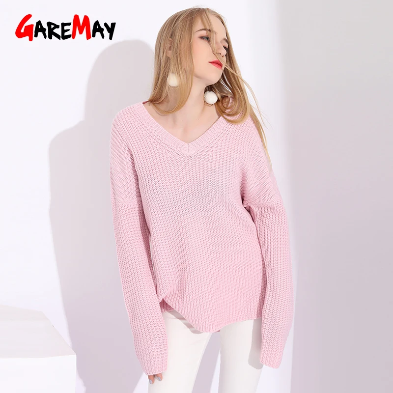 Вязаный розовый свитер с V-образным вырезом женские пуловеры винтажный зимний