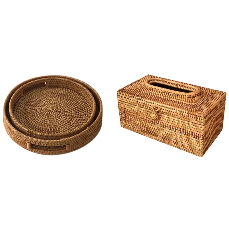 

2 Pcs Rattan Hand Woven Round Food Storage Platters Plate & 1 Pcs Paper Rack Rattan Tissue Box