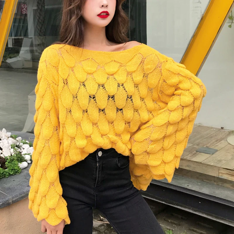Осень 2019 вязаный свитер с расклешенными рукавами и перьями женские свободные