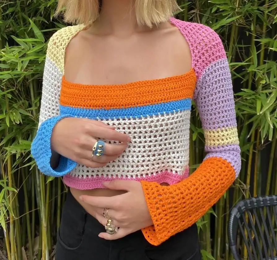 

Fashion Women Crochet Knit Crop Tops Fashion Women's Knitted T-Shirts Long Sleeve Color Block Fish Net Hollow Out Top for Autumn