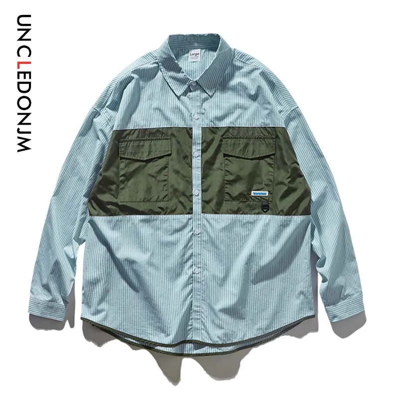 UNCLEDONJM мужские рубашки в полоску с карманами большие размеры японский стиль