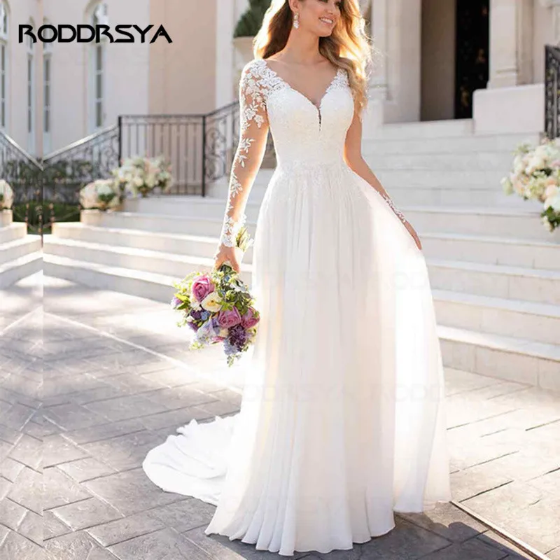 V Neck Long Sleeves Chiffon Beach Wedding Dresses Open Back White Lace Applique Bridal Dress Party Vestidos De Novia A-line