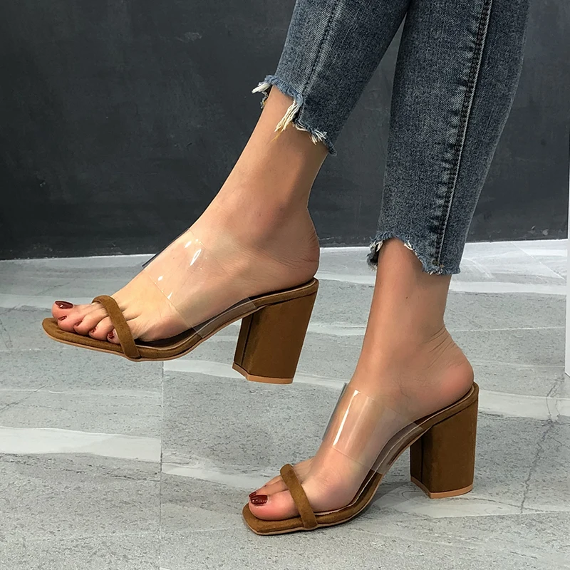 

Summer Slippers Women Transparent Slides Square High Heel Sandals Female Slip On Shoes Outside Casual Flip Flop Big Size 37-42