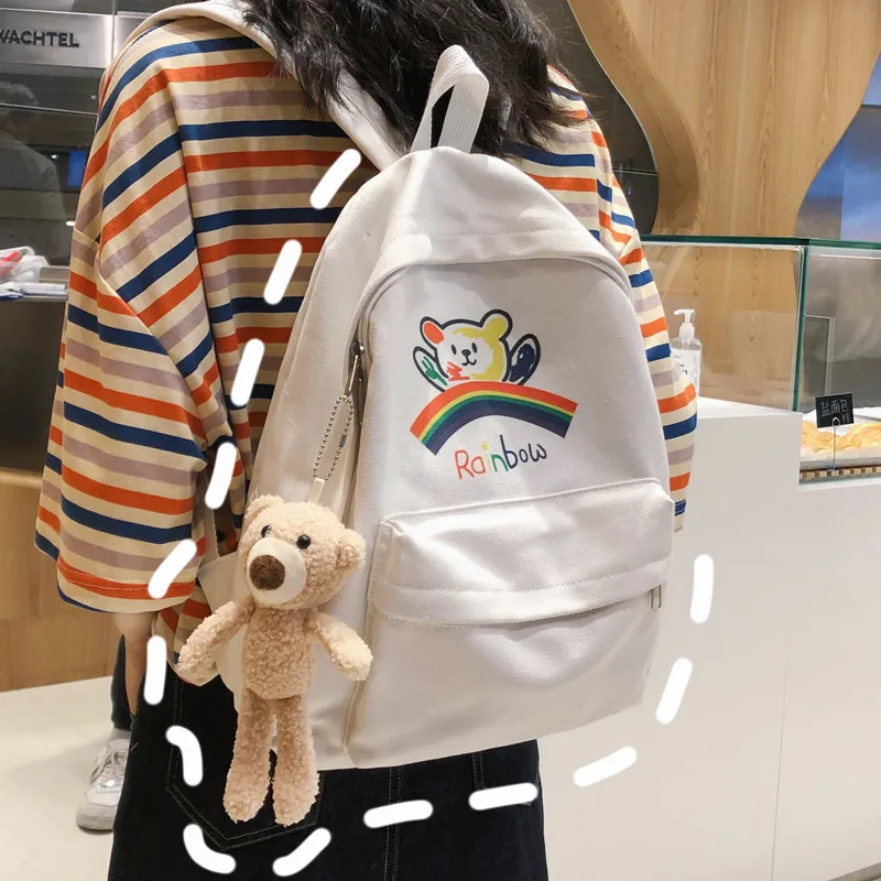 

Вместительная Студенческая сумка через плечо с мультипликационным милым медведем и радужным принтом, дорожная сумка для пары, милый рюкзак...