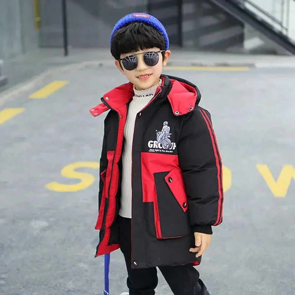 New Winter Polyester Jacket For Boys 2022 Thicken Korean Version Cotton Hooded Fashion Coat Casual Patchwork Children's Clothing | Мать и